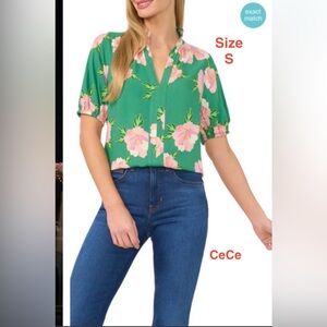 CeCe Green and Pink Floral Blouse